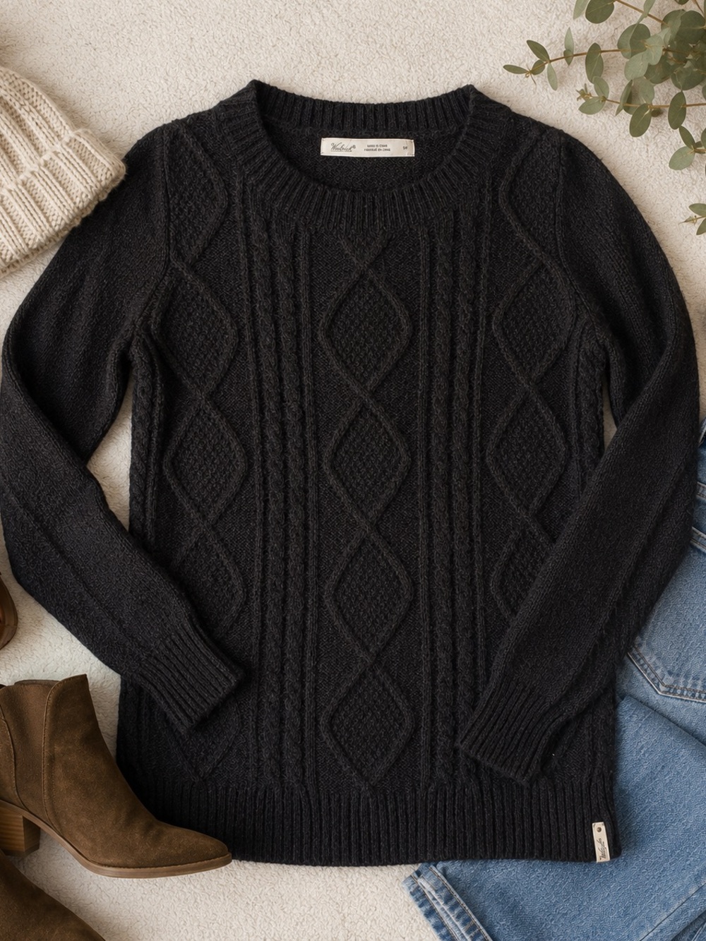 Woolrich Womens Small Black Cable Knit Sweater Wool Mohair Blend Crew Neck